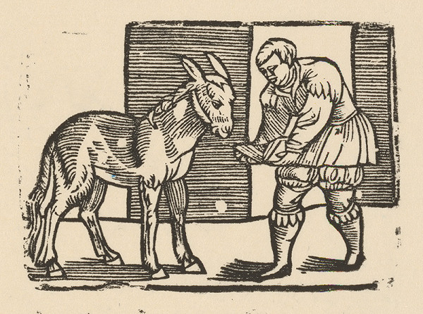 Nemecký grafik z polovice 16. storočia – Enšpígl učí somára čítať