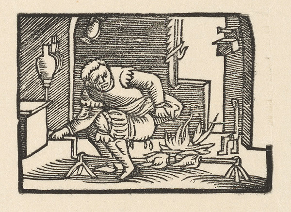 Nemecký grafik z polovice 16. storočia – Enšpígl znečisťuje pečienku 