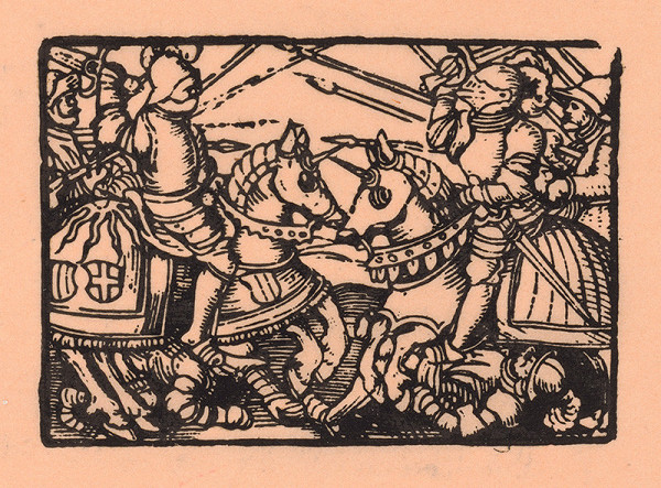 Nemecký grafik z polovice 16. storočia – Boj rytierov s kopijami na koňoch 