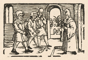 Nemecký grafik z 2. polovice 16. storočia – Ezopa privádzajú ku Xantovi 