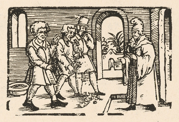 Nemecký grafik z 2. polovice 16. storočia – Ezopa privádzajú ku Xantovi 