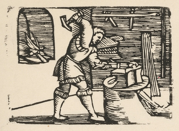 Nemecký grafik z polovice 16. storočia – Enšpígl kuje podkovu