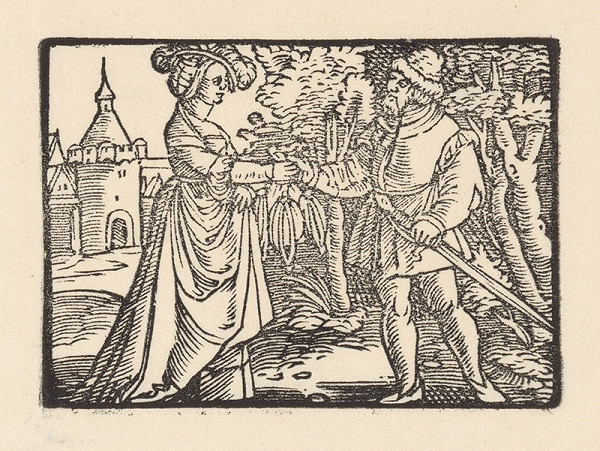 Nemecký grafik z 1. polovice 16. storočia – Fortúna odovzdáva Fortunátovi čarodejné vrecúško