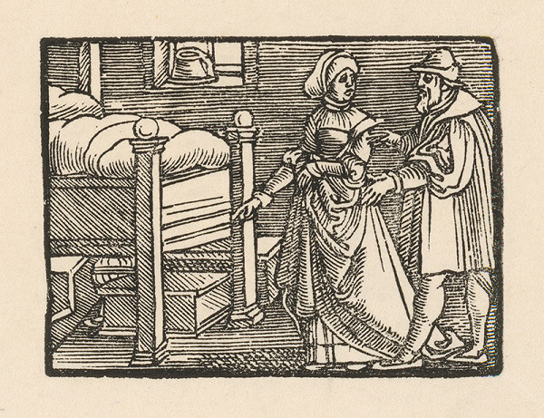 Nemecký grafik z polovice 16. storočia – Žena ukazuje priateľovi truhličku s kráľovskými klenotami