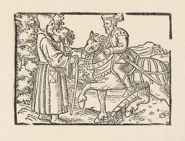 Nemecký grafik z 1. polovice 16. storočia – Stretnutie rytiera na koni s mníchom 