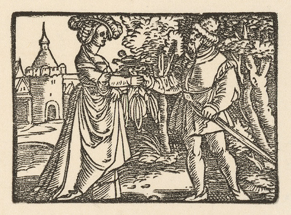 Nemecký grafik z 1. polovice 16. storočia – Fortúna odovzdáva Fortunátovi čarodejné vrecúško