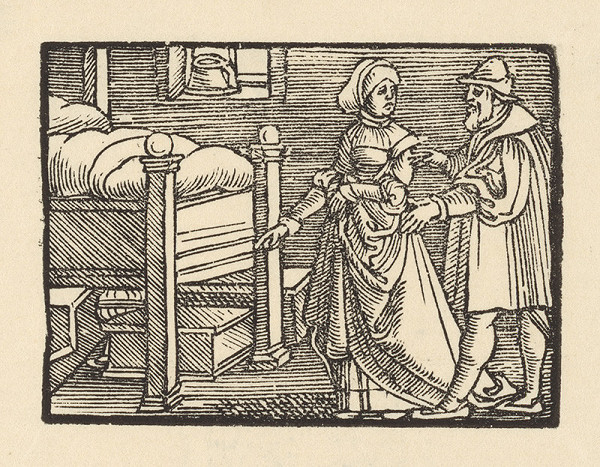 Nemecký grafik z 1. polovice 16. storočia – Žena ukazuje priateľovi truhličku s kráľovskými klenotami 