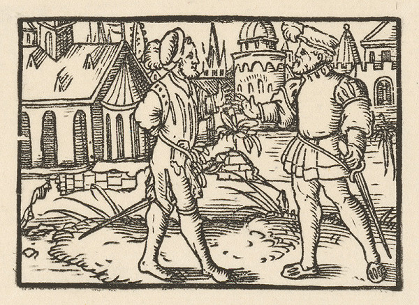 Nemecký grafik z 1. polovice 16. storočia – Rozhovor dvoch rytierov na okraji mesta 
