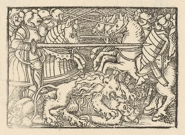 Nemecký grafik z polovice 16. storočia – Boj rytierov na koňoch za účasti leva 