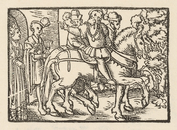 Nemecký grafik z 2. polovice 16. storočia – Rozlúčka kniežaťa v doprovode troch jazdcov s manželkou pri bráne