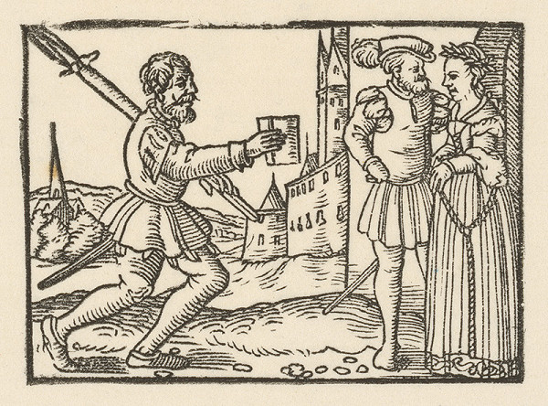 Nemecký grafik z 2. polovice 16. storočia – Jovián v sedliackych šatách odovzdáva správu cisárovi