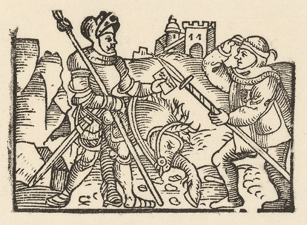 Nemecký grafik z 1. polovice 16. storočia – Rytier podáva správu jednému zo strážcov hradu