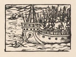 Nemecký grafik z polovice 16. storočia – Rytierske vojsko na morskom korábe 