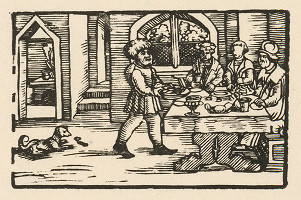 Nemecký grafik z 2. polovice 16. storočia – Ezop prináša trom stolovníkom misu jedla 