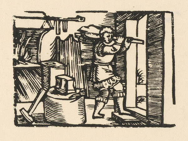 Nemecký grafik z polovice 16. storočia – Enšpígl odnáša mechy z kovárne