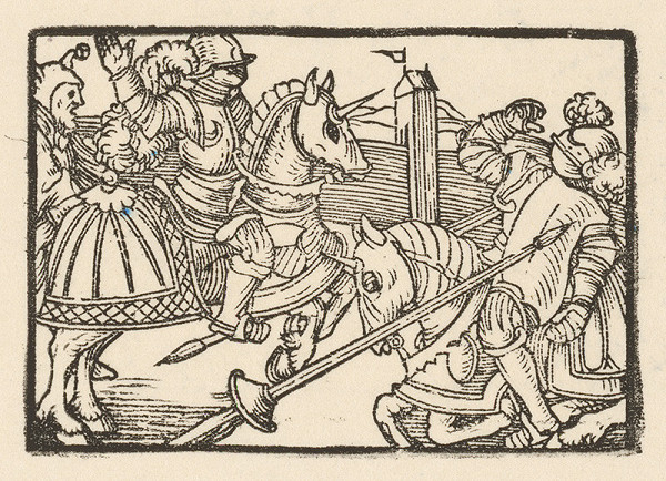 Nemecký grafik z polovice 16. storočia – Súboj dvoch rytierov na koňoch pred opevnením