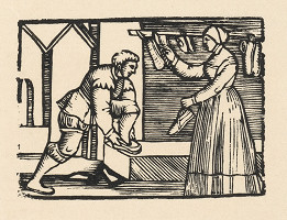 Nemecký grafik z 1. polovice 16. storočia – Enšpígl skúša topánky 