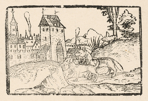 Nemecký grafik z 2. polovice 16. storočia – Líška a pes pred mestskou bránou 