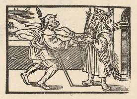 Nemecký grafik z 2. polovice 16. storočia – Jovián v sedliackych šatách odovzdáva správu cisárovi 