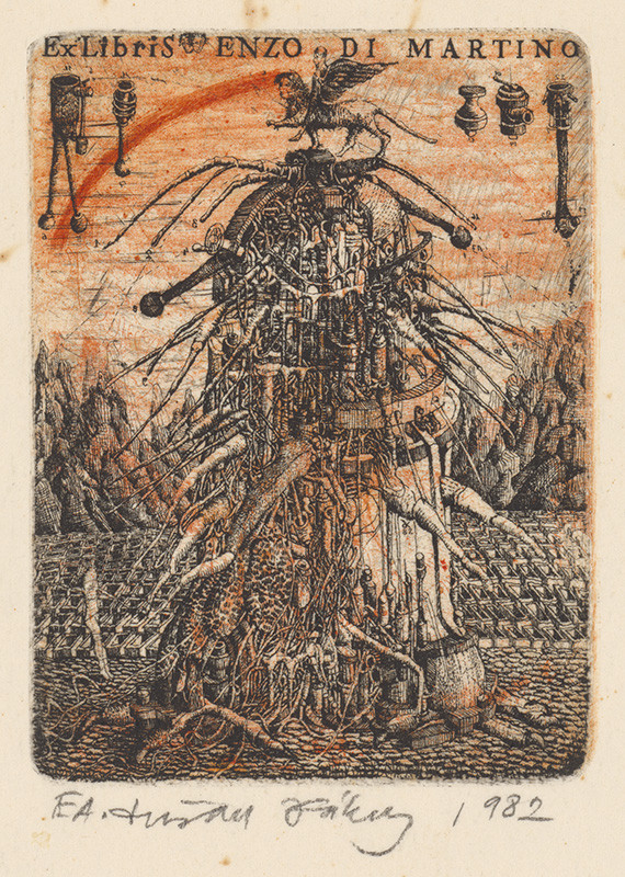Dušan Kállay: Ex Libris Enzo di Martino, 1982, lept na papieri, Stredoslovenská galéria, Banská Bystrica