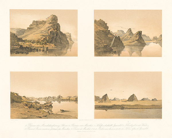 Karol Ľudovít Libay – List z albumu Egypt. (4 grafiky: Mameluckej pevnosti, Ruiny Masakidu, Breh Nílu nad Impambulom, Skaly na púšti) 