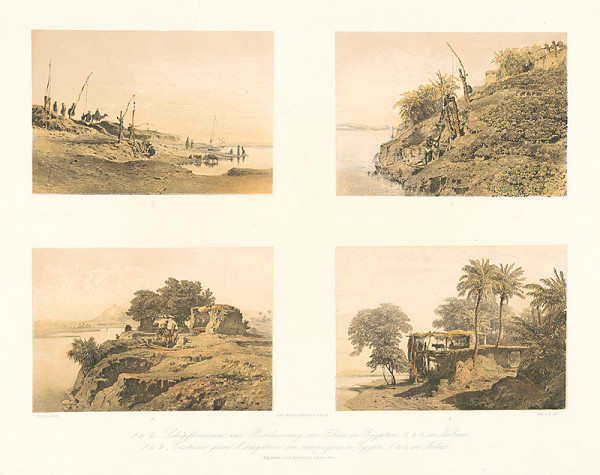 Karol Ľudovít Libay – List z albumu Egypt. (4 grafiky: Studne na zavlažovanie polí v Egypte, Studne na zavlažovanie polí v Núbii) 