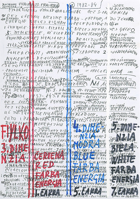 Stanislav Filko – Bez uvedenia názvu  (FIYLKO 3. DIMENZIA – ČERVENA RED FARBA ENERGIA I. ČAKRA – 4. DIMENZIA MODRA BLUE FARBA ENERGIA  5.ČAKRA – 5.DIMENZIA BIELA WHITE FARBA ENERGIA 7. ČAKRA)     