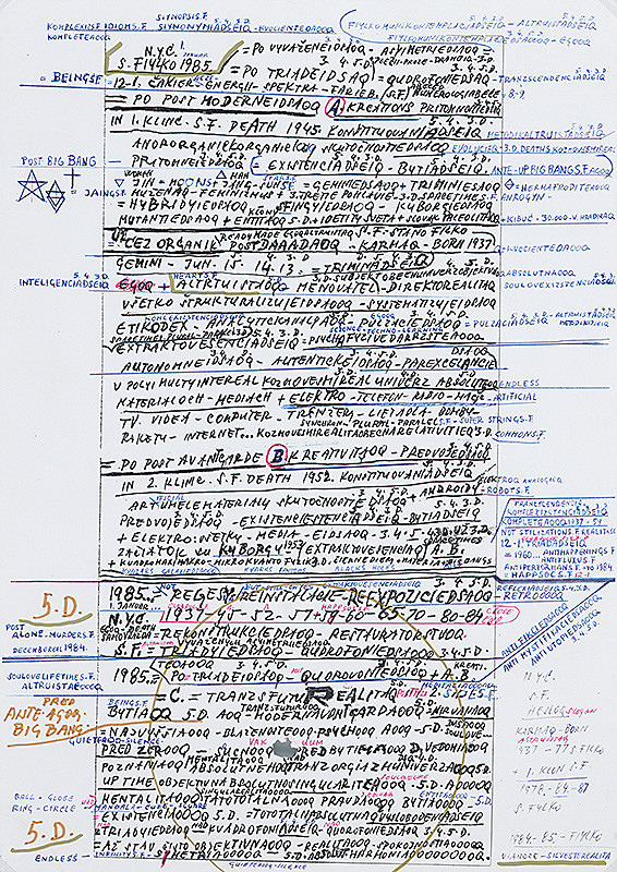 Stanislav Filko – Bez uvedenia názvu  (S. FILKO NYC 1985 (...)  ALTRUISTAOQQ (...) 5.D. (...) PRED ANTE.AGOQ. BIG BANG...)  