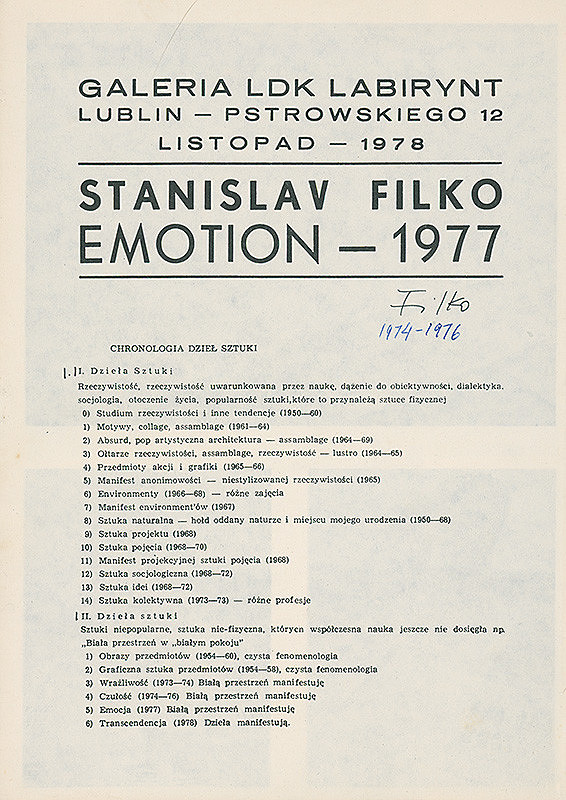 Stanislav Filko – Stanislav Filko: EMOTION –1977 (kat. vyd. Galeria LDK Labirynt, Lublin)  