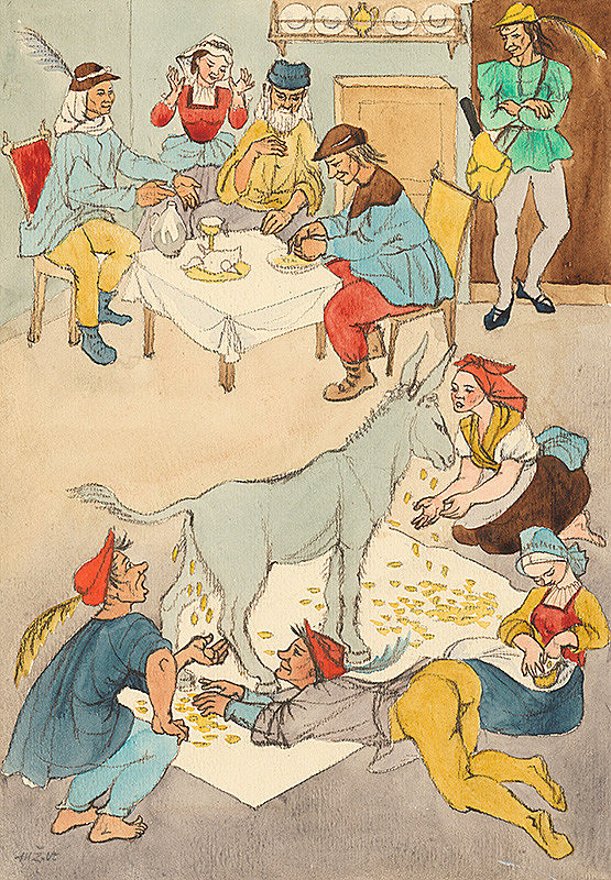 Mária Želibská – ilustrácia ku knihe rozprávok od bratov Grimmovcov:Stolček prestri sa,zlatý somár a kyjak von z vreca! 