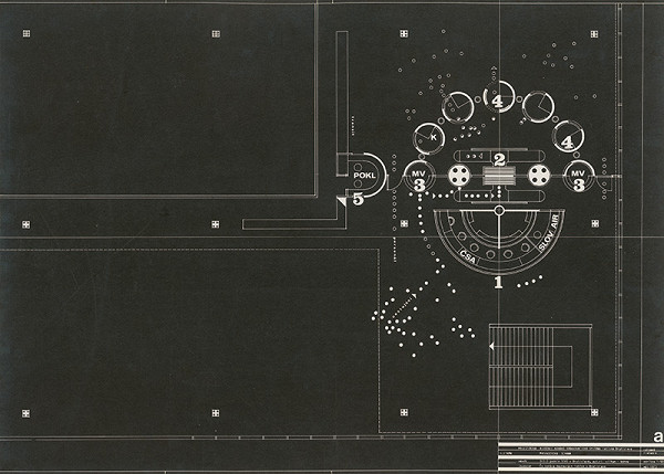 Vojtech Vilhan – Letisko v Bratislave - Ivánke. Tuzemská časť. Priestorové riešenie nového odbavovacieho sytému. Prevádzková schéma. I. etapa. Celkové riešenie. M 1:50. 