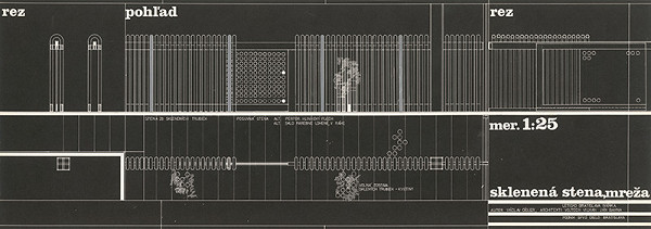 Vojtech Vilhan, Václav Cigler – Letisko v Bratislave - Ivánke. Tuzemská časť. Stena zo sklenených trubiek, Posuvná stena. Performový hliníkový plech (alternatíva), farebné lomené sklo v ráme (aleternatíva), volná zostava sklenených trubiek (kvetiny). Rezy a pohľad. M 1:25. 