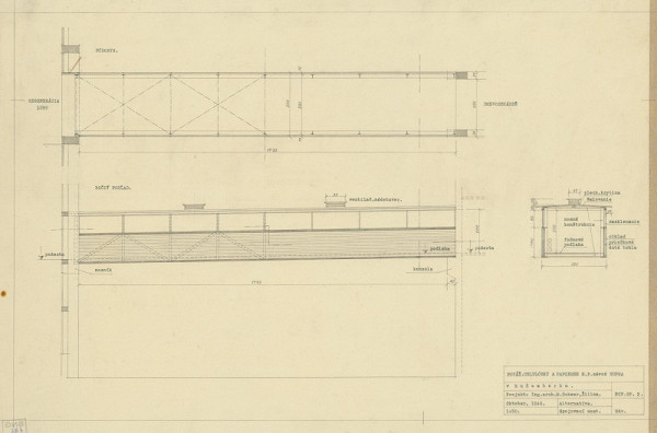 Michal Maximilián Scheer – Považské celulózky a papierne v Ružomberku. Spojovací most. Pôdorys nosníka, pohľad a rez. M 1:50. 