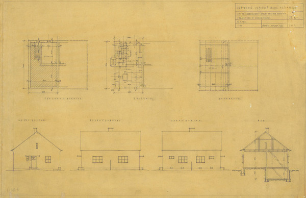 Michal Maximilián Scheer – Slovenské papierne Ružomberok. Jedenizbový typový dom robotníka - dvojdom. Pôdorys pivnice, prízemia, podkrovia, rez, pohľady. M 1:100.  