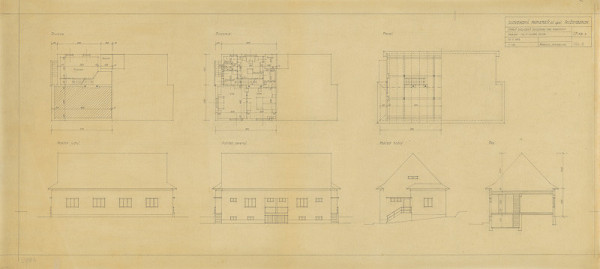 Michal Maximilián Scheer – Slovenské papierne Ružomberok. Dvojizbový typový dom robotníka - dvojdom. Pôdorys pivnice, prízemia, povale, rez a pohľady. M 1:100.  