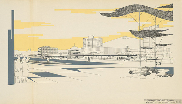 Michal Maximilián Scheer – Obvodné centrum v Nitre - Chrenová 1. Objekt eštaurácie a hotela. Obchodný dom Jednota. Perspektívny pohľad. M 1:200.  