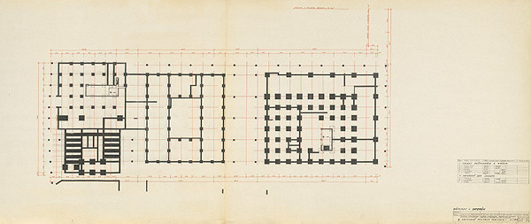 Michal Maximilián Scheer – Obvodné centrum v Nitre - Chrenová 1. Objekt reštaurácie a hotela. Obchodný dom Jednota. Pôdorys základov a suterénu. M 1:200.  