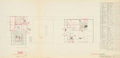 Michal Maximilián Scheer – Obvodné centrum v Nitre - Chrenová 1. Objekt reštaurácie a hotela. Obchodný dom Jednota. Pôdorys 2. podlažia a detail stavebnej šachty. M 1:200. 