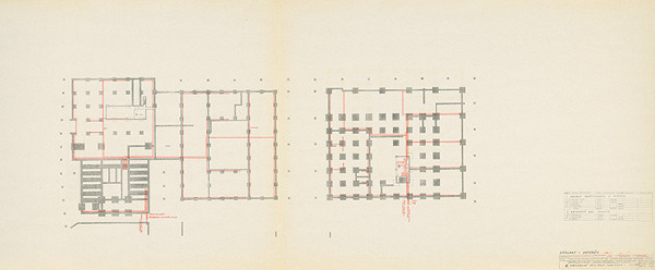 Michal Maximilián Scheer – Obvodné centrum v Nitre - Chrenová 1. Objekt reštaurácie a hotela. Obchodný dom Jednota. Pôdorys základov a suterénu. M 1:200. 