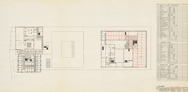 Michal Maximilián Scheer – Obvodné centrum v Nitre - Chrenová 1. Objekt reštaurácie a hotela. Obchodný dom Jednota. Pôdorys 2. podlažia. M 1:200.