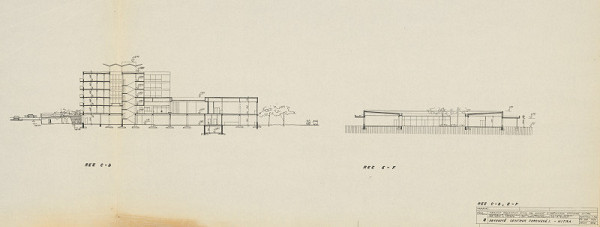Michal Maximilián Scheer – Obvodné centrum v Nitre - Chrenová 1. Objekt eštaurácie a hotela. Obchodný dom Jednota. Rez C-D, rez E-F. M 1:200.  