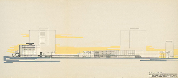 Michal Maximilián Scheer – Obvodné centrum v Nitre - Chrenová 1. Objekt eštaurácie a hotela. Obchodný dom Jednota. Juhozápadný pohľad. M 1:200.  