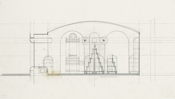 Rastislav Janák, Vojtech Vilhan – Interiér predajne Supraphon v Bratislave. Rez predajňou a pohľad na predajné pulty. 