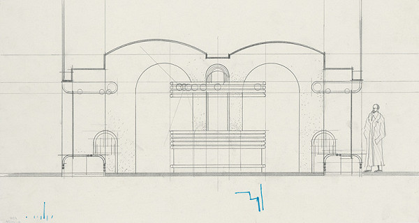 Rastislav Janák, Vojtech Vilhan – Interiér predajne Supraphon v Bratislave. Rez predajňou a pohľad na predajný pult.  
