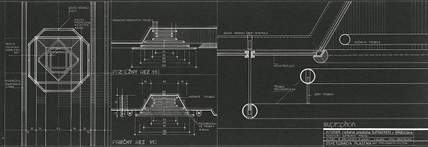 Rastislav Janák, Vojtech Vilhan – Interiér predajne Supraphon v Bratislave. Osvetľovacia plastika nad prehrávacím pultom. Pôdorys, priečny a pozdĺžny rez, detail. 