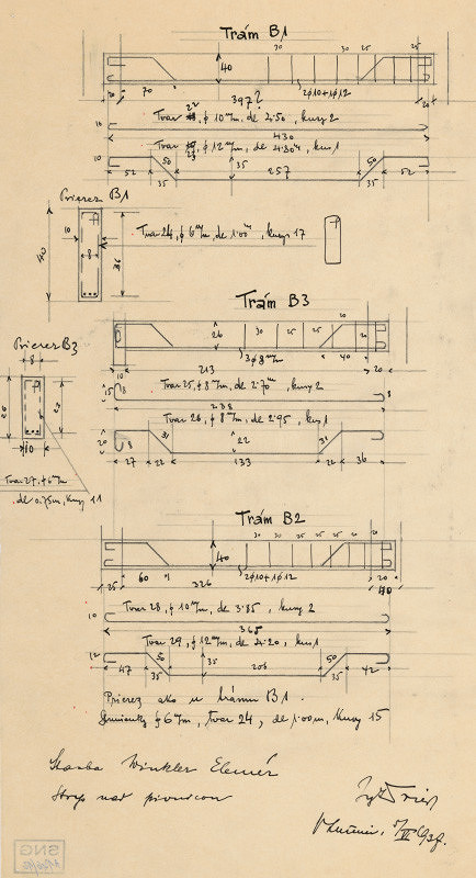 Oskár Winkler – Dom Elemíra Winkléra v Lučenci. Strop nad pivnicou - výstuž trámov. Detaily, prierezy.   