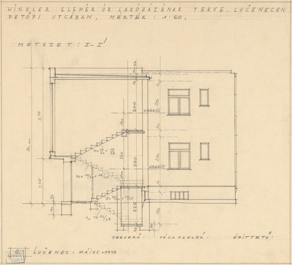 Oskár Winkler – Dom Elemíra Winkléra v Lučenci. Rezopohľad, rez schodiskom I.-I´.  M 1:50. 
