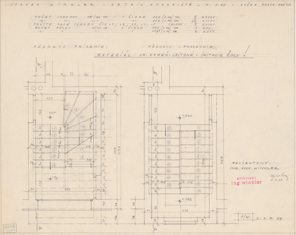 Oskár Winkler – Dom Elemíra Winkléra v Lučenci. Detail schodisko. M 1:25.   