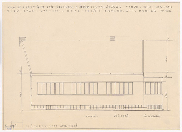 Oskár Winkler – Rodinný dom Dr. Schaleta v Rimavskej Sobote. Uličný pohľad. M 1:100.