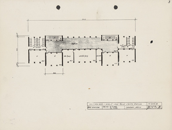 Vladimír Dedeček – Jedenásťročná dvadsaťtritriedna škola na Ulici Februárového víťazstva - okrsok E. Úvodný projekt. Pôdorys 2. poschodia. M nezn. (pôv.)  